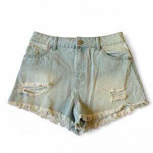 Rewash High Rise Frayed Hem Jean Shorts Size 5/27 Distressed Blue Denim